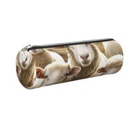 DENMER Sheep and Lambs Printed Leather Pencil Case Cute Stationery Organizer Round Makeup Bag Pen Pouch, Silver Zipper