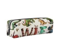 DENMER Stylish Learning Alphabets with Dinosaurs Printed Leather Pencil Case Cute Stationery Organizer Simple Makeup Bag Pen Pouch, Silver Zipper