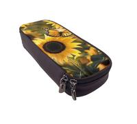 DENMER Sunflower Blooming Flowers Plants Butterfly Printed Leather Flip Pencil Case - Multifunctional Organizer for School, Office & Travel