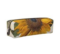 DENMER Sunflowers Printed Leather Pencil Case Cute Stationery Organizer Simple Makeup Bag Pen Pouch, Gold Zipper