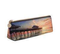 DENMER Sunset at The Beach Bridge Printed Zipper Pencil Case Cute Stationery Organizer PVC Leather Triangle Makeup Bag Pen Pouch