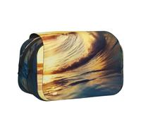 DENMER Sunset Sea Surfing Seascape Printed Flip Pencil Case with 2 Compartments, Large Capacity, Portable Stationery Organizer for School, Travel and Art