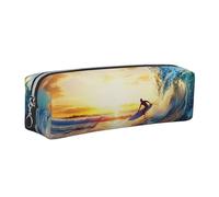 DENMER Sunset Sea Surfing Seascape Printed Leather Pencil Case Cute Stationery Organizer Simple Makeup Bag Pen Pouch, Silver Zipper