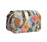 DENMER Sweet Basset Hound Florals Printed Flip Pencil Case with 2 Compartments, Large Capacity, Portable Stationery Organizer for School, Travel and Art