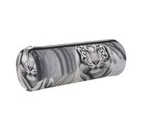 DENMER The Wild White Tiger Printed Leather Pencil Case Cute Stationery Organizer Round Makeup Bag Pen Pouch, Silver Zipper