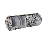 DENMER The Wild White Tiger Printed Leather Pencil Case Cute Stationery Organizer Round Makeup Bag Pen Pouch, Gold Zipper