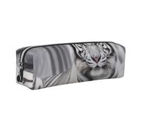 DENMER The Wild White Tiger Printed Leather Pencil Case Cute Stationery Organizer Simple Makeup Bag Pen Pouch, Silver Zipper