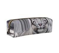DENMER The Wild White Tiger Printed Leather Pencil Case Cute Stationery Organizer Simple Makeup Bag Pen Pouch, Gold Zipper