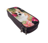 DENMER Tropical Flower and Corgi Printed Leather Flip Pencil Case - Multifunctional Organizer for School, Office & Travel