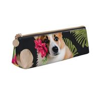 DENMER Tropical Flower and Corgi Printed Zipper Pencil Case Cute Stationery Organizer PVC Leather Triangle Makeup Bag Pen Pouch