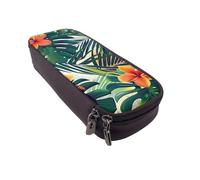 DENMER Tropical Summer Hawaiian Flower Palm Leaves Printed Leather Flip Pencil Case - Multifunctional Organizer for School, Office & Travel