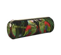 DENMER Two Parrots on Green Palm Tree Printed Leather Pencil Case Cute Stationery Organizer Round Makeup Bag Pen Pouch, Gold Zipper