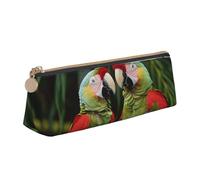 DENMER Two Parrots on Green Palm Tree Printed Zipper Pencil Case Cute Stationery Organizer PVC Leather Triangle Makeup Bag Pen Pouch