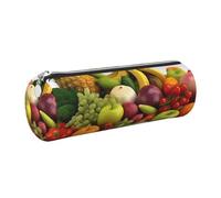 DENMER Variety Fresh Vegetables Fruits Printed Leather Pencil Case Cute Stationery Organizer Round Makeup Bag Pen Pouch, Silver Zipper
