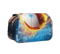 DENMER Volleyball with fire and ice Printed Flip Pencil Case with 2 Compartments, Large Capacity, Portable Stationery Organizer for School, Travel and Art