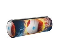 DENMER Volleyball with fire and ice Printed Leather Pencil Case Cute Stationery Organizer Round Makeup Bag Pen Pouch, Silver Zipper