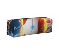 DENMER Volleyball with fire and ice Printed Leather Pencil Case Cute Stationery Organizer Simple Makeup Bag Pen Pouch, Gold Zipper