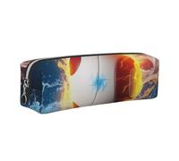 DENMER Volleyball with fire and ice Printed Leather Pencil Case Cute Stationery Organizer Simple Makeup Bag Pen Pouch, Silver Zipper