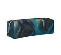 DENMER West Indian Manatees Printed Leather Pencil Case Cute Stationery Organizer Simple Makeup Bag Pen Pouch, Gold Zipper