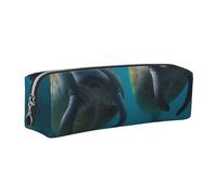 DENMER West Indian Manatees Printed Leather Pencil Case Cute Stationery Organizer Simple Makeup Bag Pen Pouch, Silver Zipper