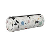 DENMER White terrazzo Printed Leather Pencil Case Cute Stationery Organizer Round Makeup Bag Pen Pouch, Silver Zipper