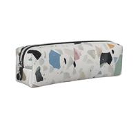 DENMER White terrazzo Printed Leather Pencil Case Cute Stationery Organizer Simple Makeup Bag Pen Pouch, Silver Zipper