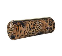 DENMER Wild Leopard Animal Printed Leather Pencil Case Cute Stationery Organizer Round Makeup Bag Pen Pouch, Gold Zipper