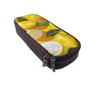 DENMER Yellow Lemons Printed Leather Flip Pencil Case - Multifunctional Organizer for School, Office & Travel