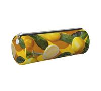 DENMER Yellow Lemons Printed Leather Pencil Case Cute Stationery Organizer Round Makeup Bag Pen Pouch, Silver Zipper