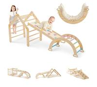 DENMOSTY 7-in-1 Indoor Climbing Frame for Toddlers & Baby, Montessori Pikler Triangle Set with Soft Cushion, Wooden Climbing Toys with Ladder & Sliding & Ramp & Arch , Play Jungle Gym for Kids 1-6