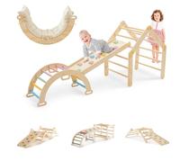 DENMOSTY 7-in-1 Indoor Climbing Frame for Toddlers & Baby, Wooden Pikler Triangle Set with Soft Cushion, Montessori Climbing Toys with Ladder & Arch & Sliding & Ramp, Play Jungle Gym for Kids 1-6