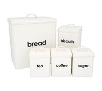 Denny International® 5 Piece Kitchen Storage Includes Bread Bin Biscuit Tea Coffee Sugar Caddy Tins Containers Canister Storage Jars Pots Set (Cream)