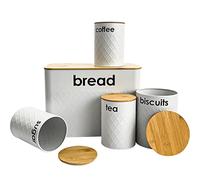 Denny International 5pc Bread Bin and Canister Sets Kitchen Loaf Storage Box + Airtight Bamboo Lid (White)