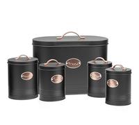Denny International 5PC Kitchen Food Storage Set Bread Bin, Biscuit Tin and Tea, Coffee & Sugar Canister Set, Vintage Classic Inspired Metal Storage Set (Black)