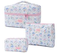 Denovin 3-Piece Quilted Makeup Bag, Large Cute Coquette Makeup Bag Set, Aesthetic Cosmetic Bags for Women, Travel Toiletry Bag Organizer with Zipper, Flower Blue Bow