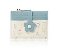 Denovin Small Wallets for Women, Cute Bifold Floral Flowers Ladies Wallet, Compact Credit Card Holder Cash Zipper Pocket with ID Window for Female, Blue
