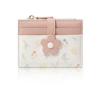 Denovin Small Wallets for Women, Cute Bifold Floral Flowers Ladies Wallet, Compact Credit Card Holder Cash Zipper Pocket with ID Window for Female, Pink