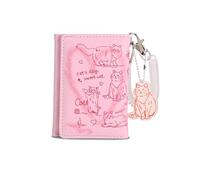 Denovin Wallet Women, Cute Girls Ladies Keychain Wallet, Small Trifold Wallets Woman Business Credit Card Change Holder Purse for ID Cards Cash Coin Key, Pink, Cute Cat