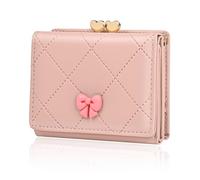 Denovin Wallet Women, Small Coquette Bow Trifold Wallets Woman, Heart Shaped Kiss-lock Business Credit Card Coin Holder Purse Pocket for Cash Key Change, Pink, Sweet