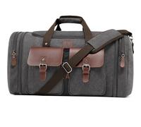 Densata 60L Travel Duffel Bag, Expandable Canvas Genuine Leather Duffle Bag Upgraded Overnight Weekender Bag, Grey, X Large-60L, Classic