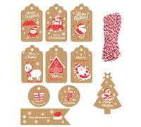 DENSCO Christmas Tags, 100 Pieces 10 Styles Kraft Paper Tag Hang Labels with 20M Cotton String for Decorating Christmas Trees or Packaging (7x4cm)
