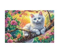Dense Flower White Cat 1000 Pieces Set Classic Jigsaw Puzzle Twigs Flora Foliage Couple Puzzle Partners Mind Relaxation Wall Decor Easter New Year Creativity & Gift Giving 1000 PCS
