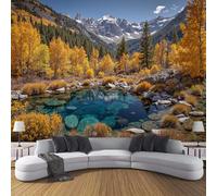 Dense Forest Lake Patterns Wall Mural - Autumn Snow Scene In Realistic Style,Dark Yellow Wallpaper Poster,300 × 210 cm, 3D Artwork for Bedroom, Living Room & Home Decoration (Not Self-Adhesive)