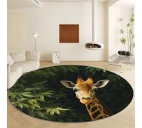 Dense Leaves Animal Giraffe Round Area Rugs 60 cm, Washable Short Pile Area Rugs - Green Print Soft Non Slip Carpets Easy Care for Living Room Bedroom Dining Room Nursery Office