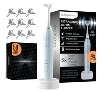 DENSONIC Electric Flosser Kit with Tongue Scraper | No Water, No Mess | Easy Gliding Dental Floss for Gentle Gum Care | Cordless Sonic Power | 50 Replaceable Heads [Celeste Blue]