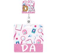 Dental Assistant Badge Reel and Buddy Set, Glitter Pink Retractable ID Holder and Horizontal Badge Card, Gifts for Dental Assistant