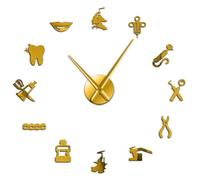 Dental Doctor Dentist 3D DIY Wall Clock, Modern Frameless Large Mute Wall Clock with Mirror Numbers, Decorative Clock for Living Room, Bedroom and Office Decor (Gold,37inch)