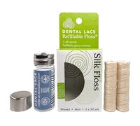 Dental Lace Refillable Silk Dental Floss - 100% Silk Floss with Mint Flavor, PFAS & PTFE Free - Includes 1 Refillable Wave Glass Floss Container and 2 Spools (Total 66 Yards) - Recyclable Packaging