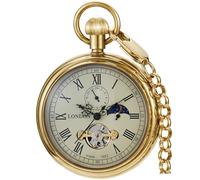 Dentily Classic Golden Pure Copper Mechanical Pocket Watch Roman Numerals Moon-Phase Pocket Clock with Chain, gold2, Vintage