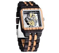Dentily Exquisite Square Hollowed Out Quart Mens Wooden Watches Transparent Dial Mens Watches, blackbrown